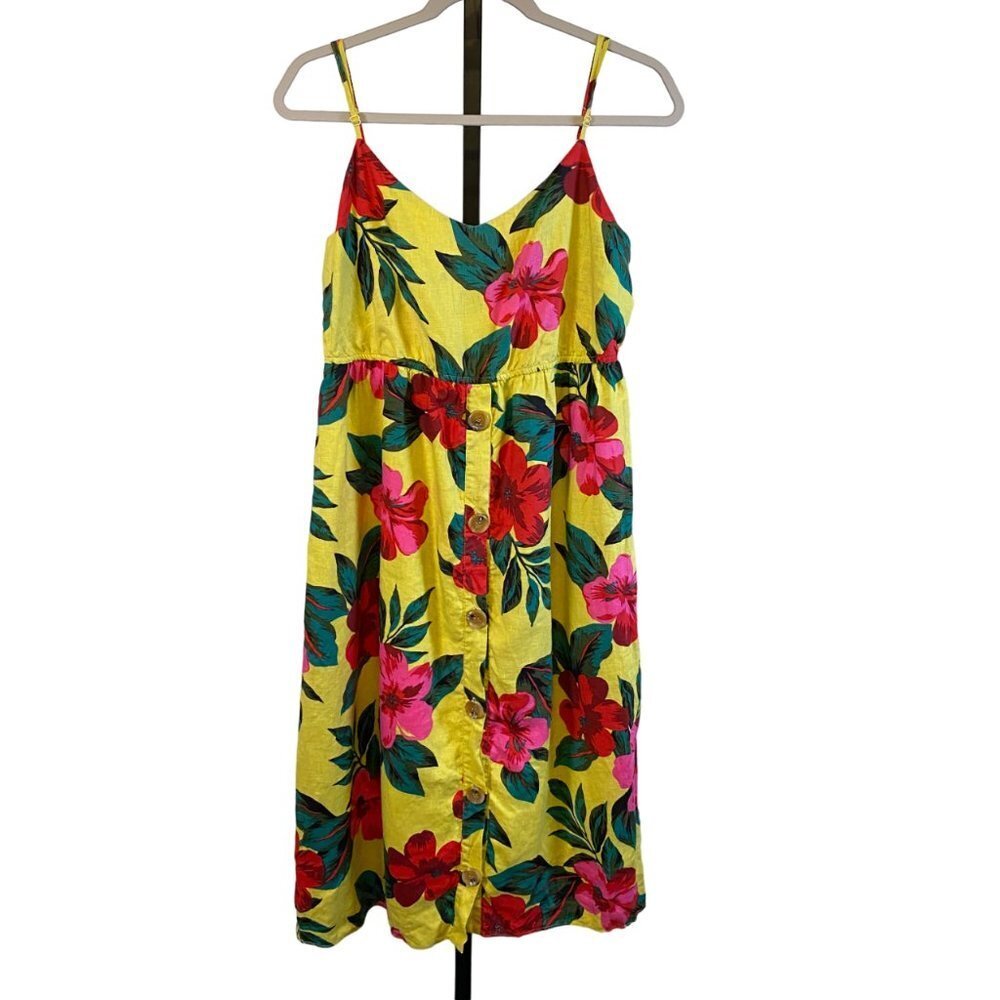 Neiman Marcus Linen Tropical Floral Cut Out Tie Back Dress